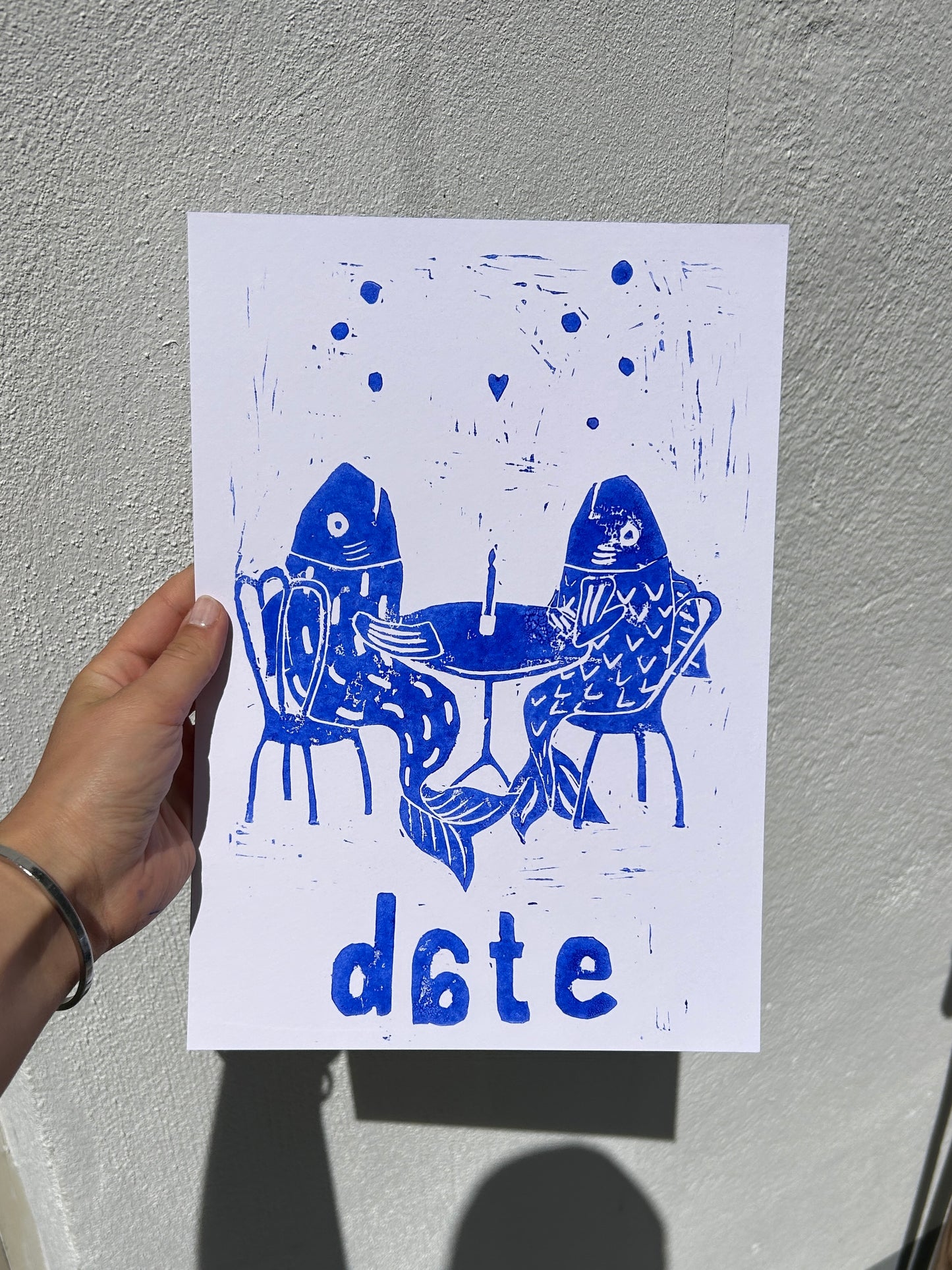fishdate Linoldruck Blau